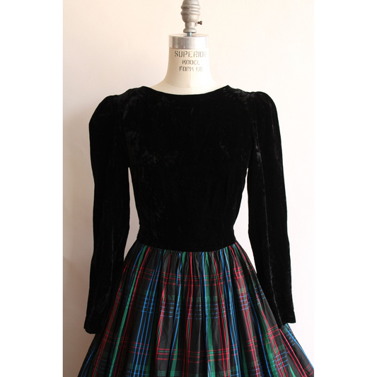 Vintage 1980s Black Velvet and Plaid Fit and Flare Dress