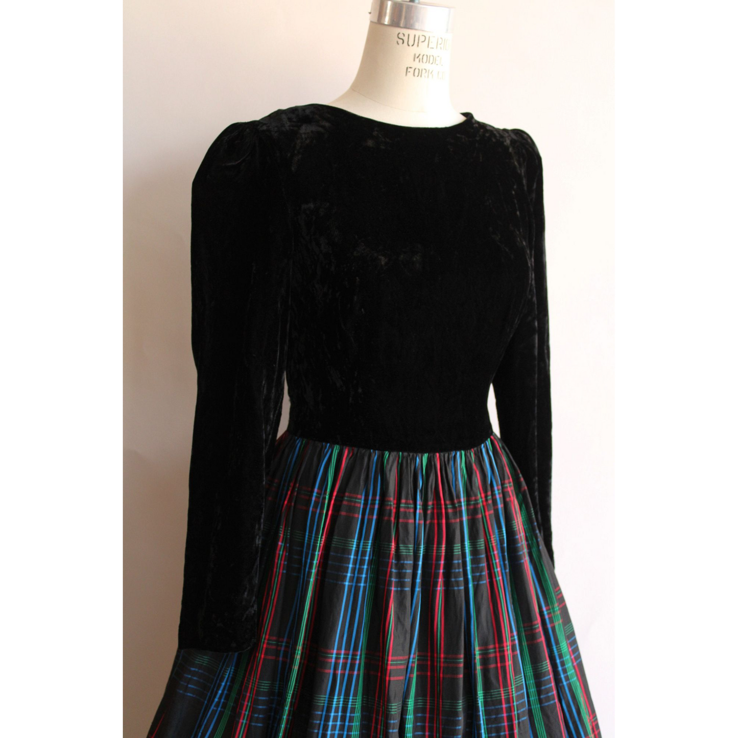 Vintage 1980s Black Velvet and Plaid Fit and Flare Dress