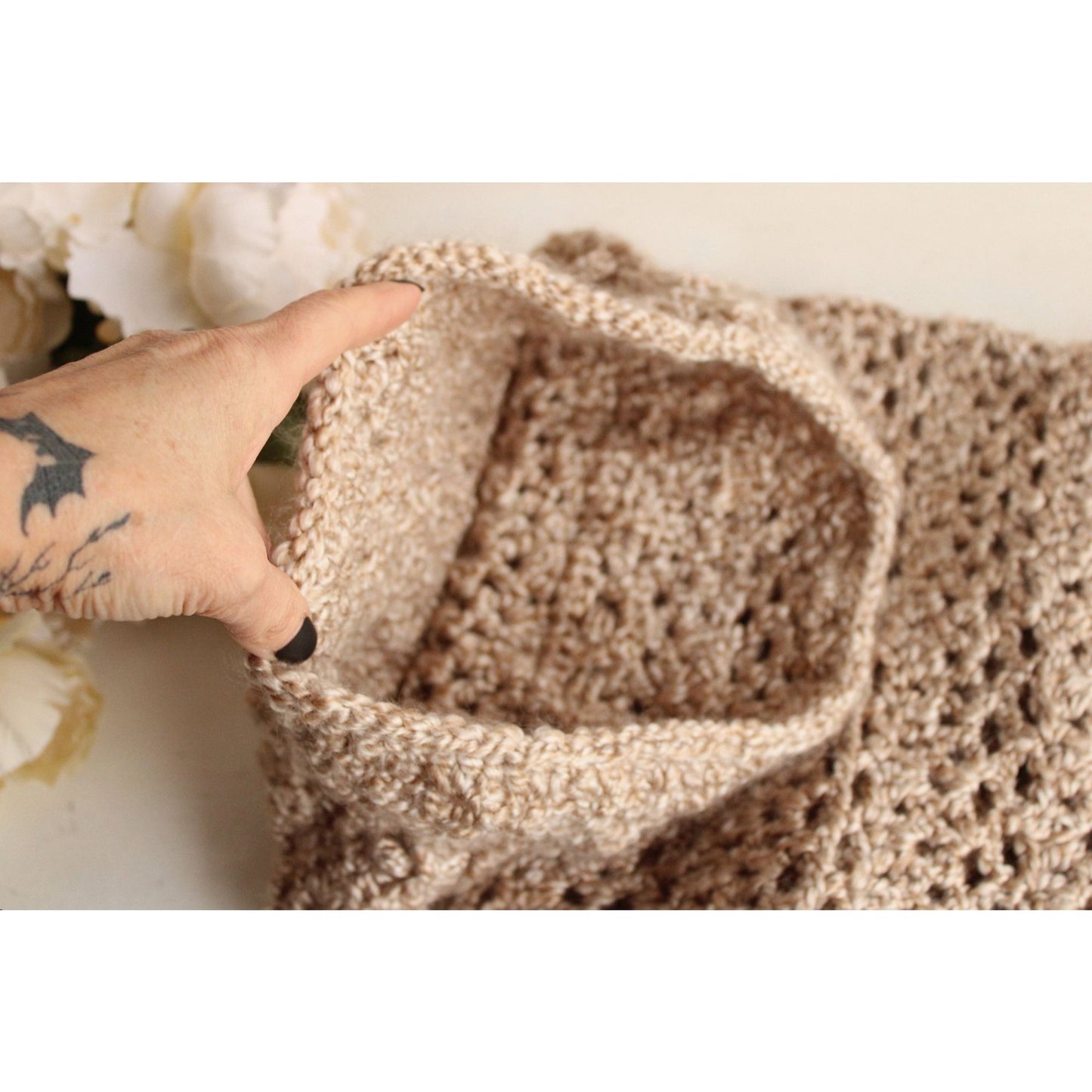 Vintage 1970s Taupe Knit Or Crochet Drawstring Bag