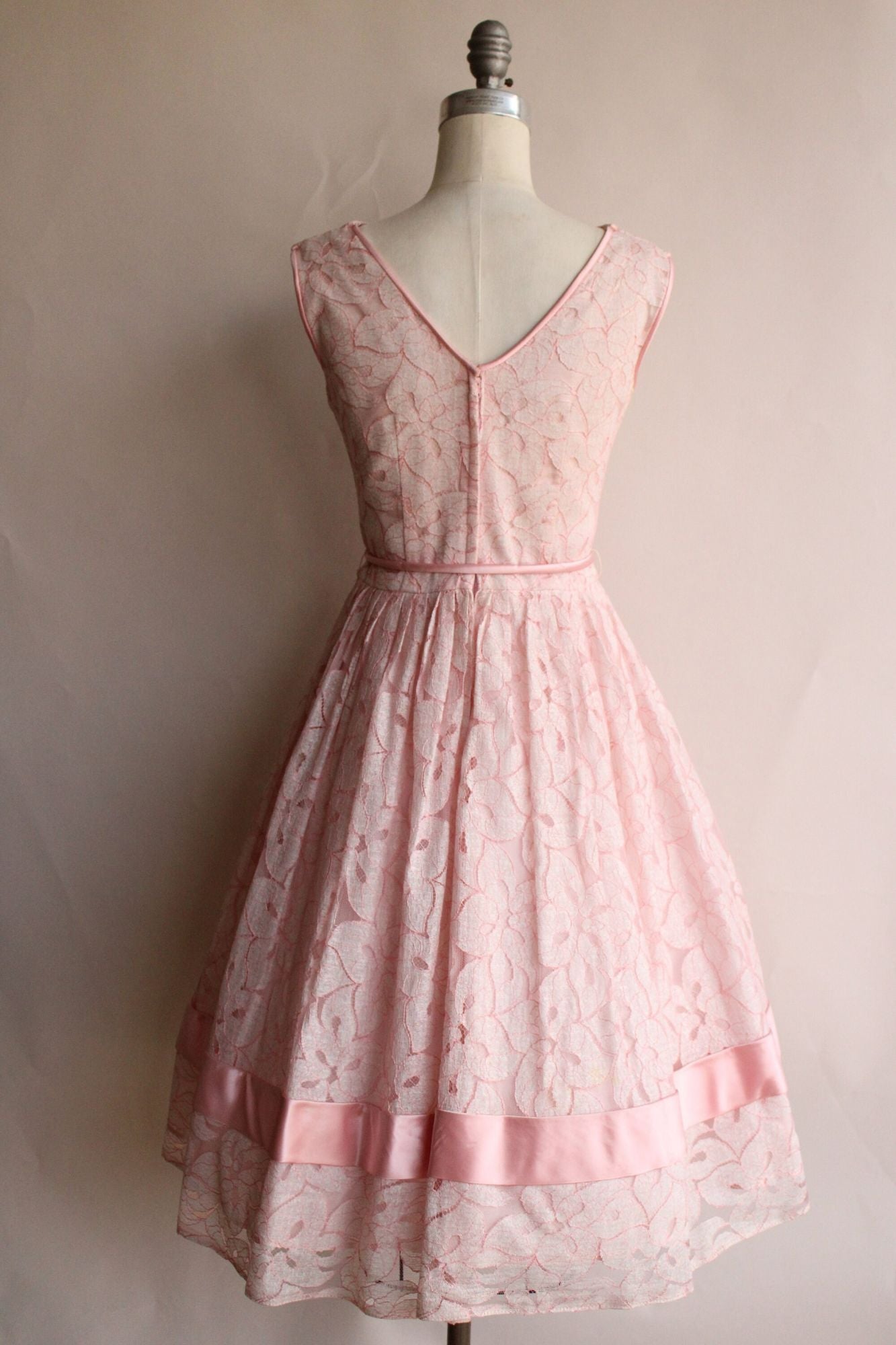 Vintage 1950s 1960s Dress with Belt in Pink Lace