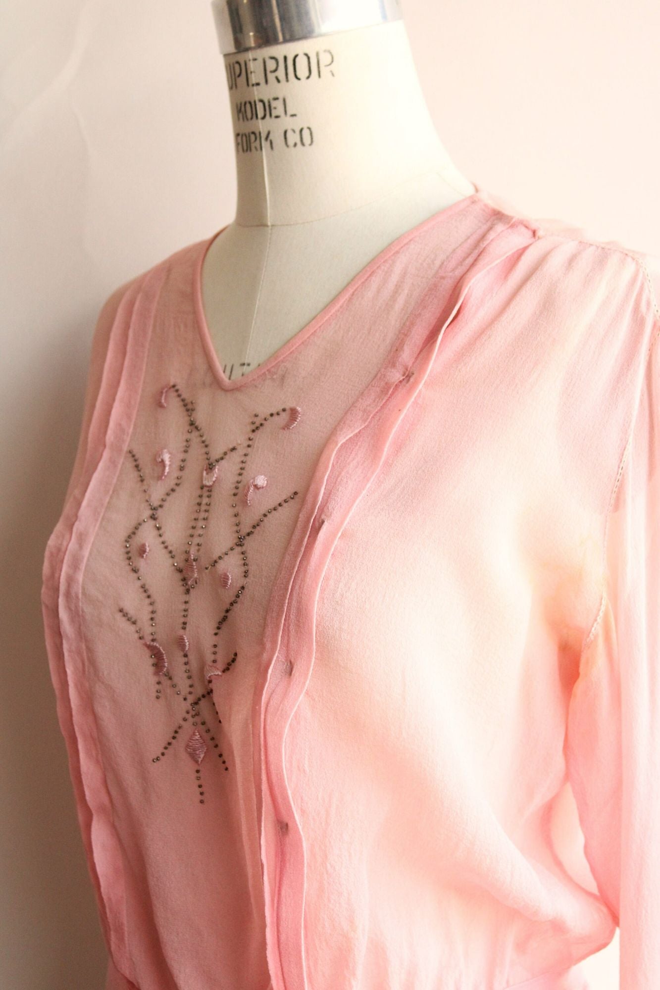 Vintage 1910s Pink Silk Chiffon Top with Beaded and Embroidered Front
