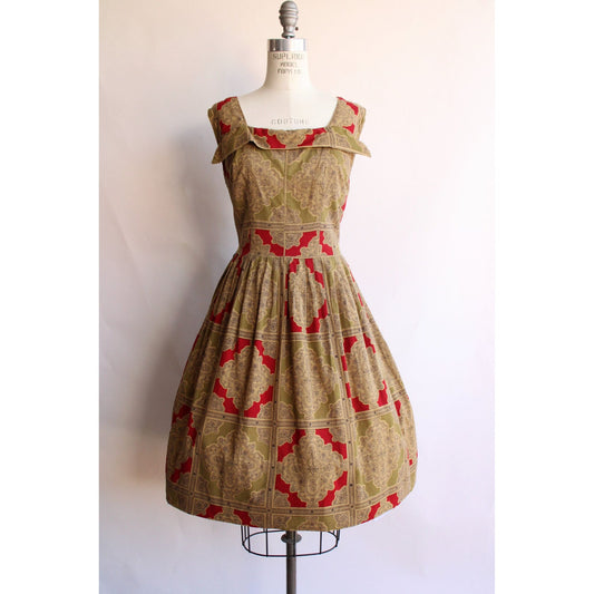Vintage 1950s Red and Gold Cotton Fit and Flare Dress
