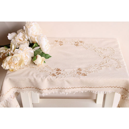 Vintage 1970s Linen Table Runner With Embroidered Tulip Flowers