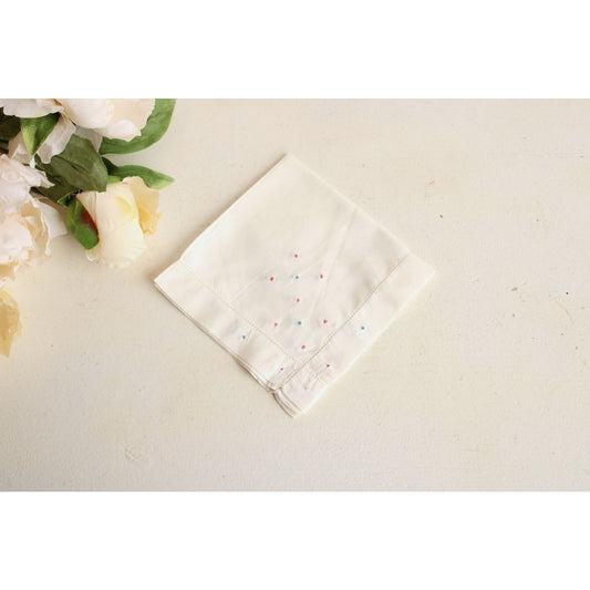 Vintage White Linen with Pink and Blue Swiss Dots Embroidered Hankie