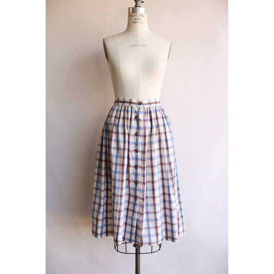 Vintage 1960s 1970s Plaid Blue and Brown Check Full Skirt
