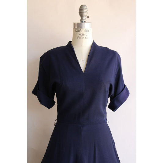 Vintage 1940s Rayon Navy Blue New Look Dress with Pleated Skirt
