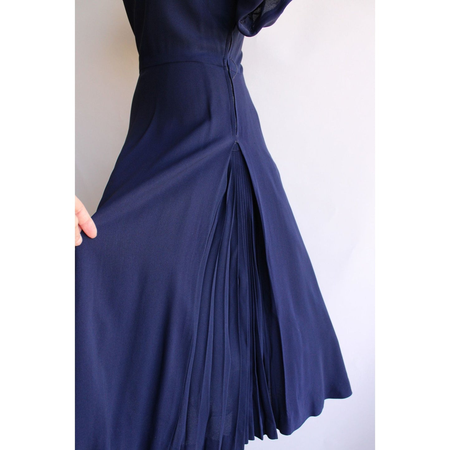 Vintage 1940s Rayon Navy Blue New Look Dress with Pleated Skirt
