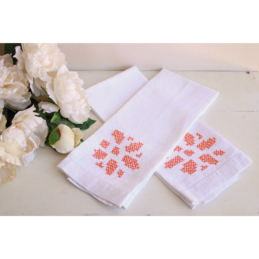 Vintage 1960s White Linen Set Of Hand Towels With Orange Stitching