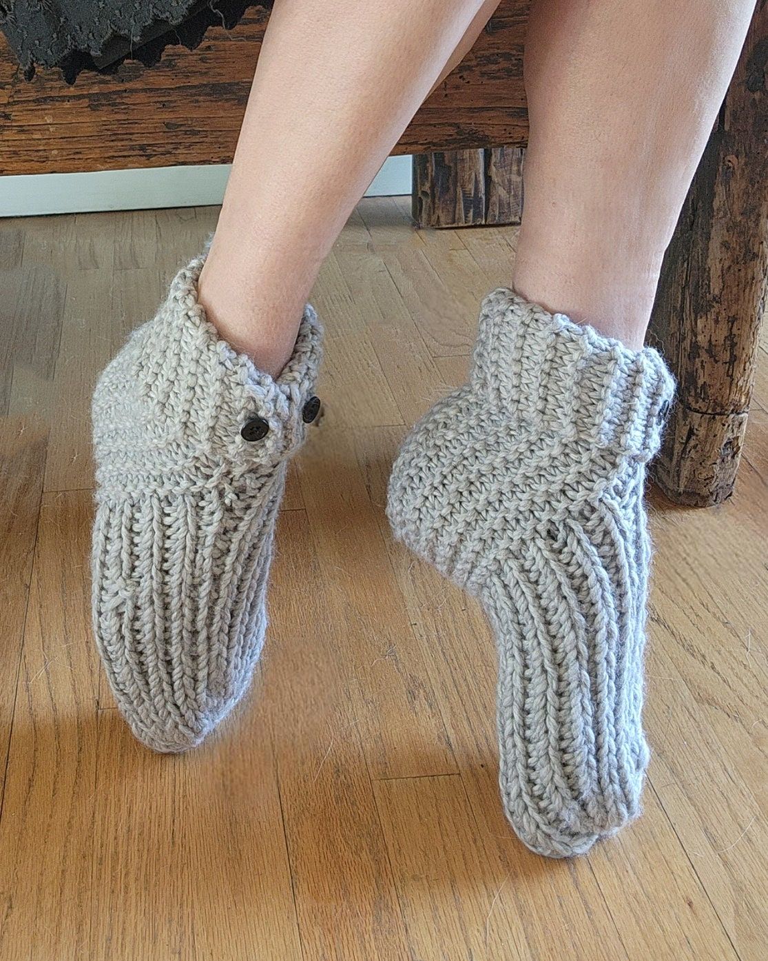 Icicle Hand Knit Slipper Socks in Gray with Vintage Buttons