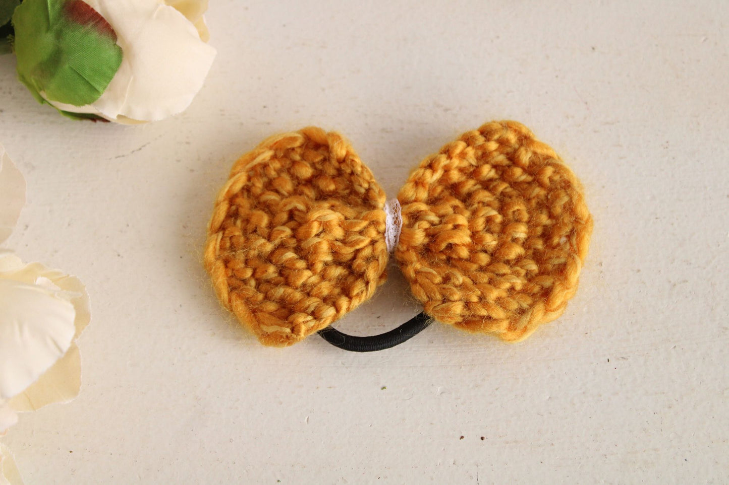 "Candlelight" Handknitted Golden Yellow Hair Bow with Vintage Lace Trim
