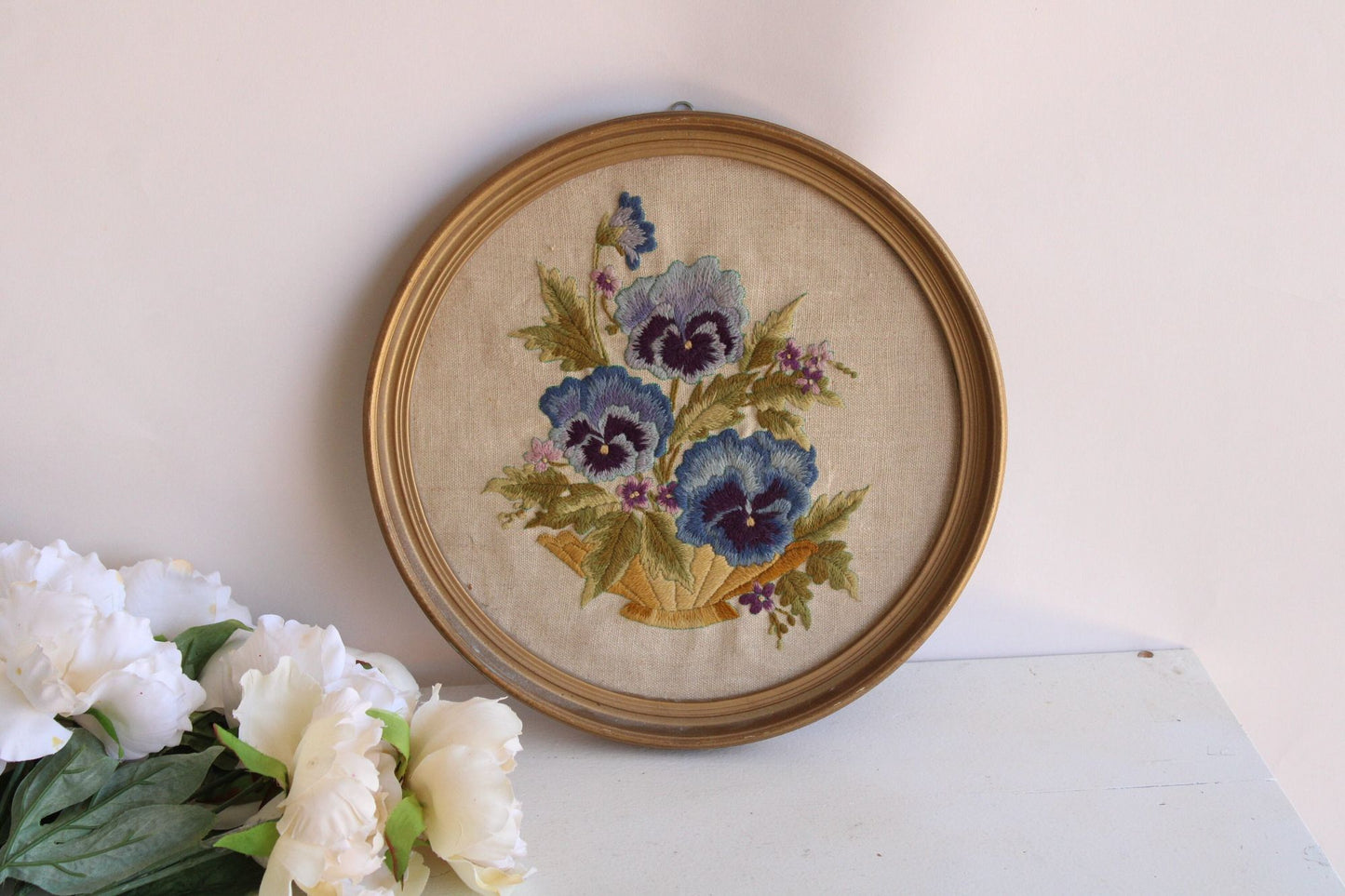 Vintage Framed Embroidered Pansies