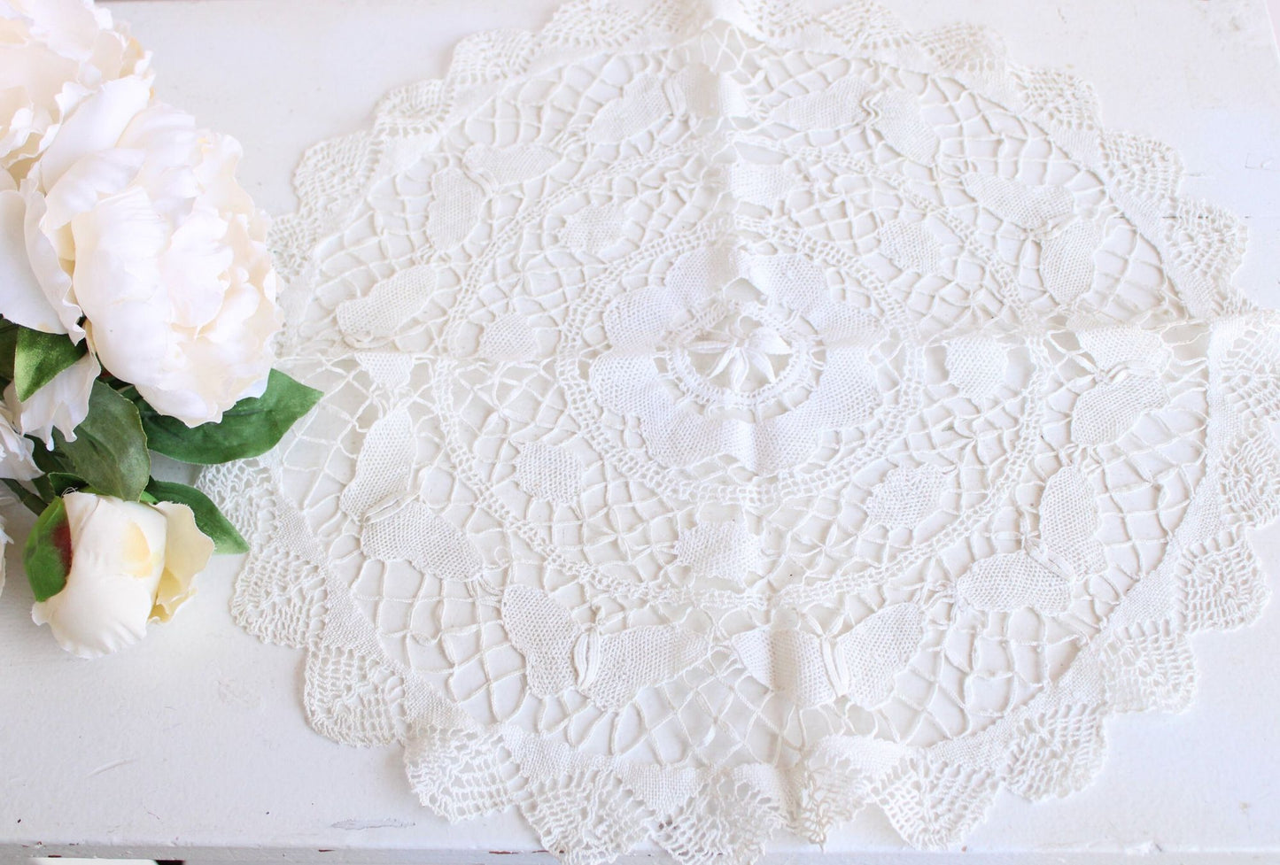 Vintage Doily, Ivory Crochet with Butterflies