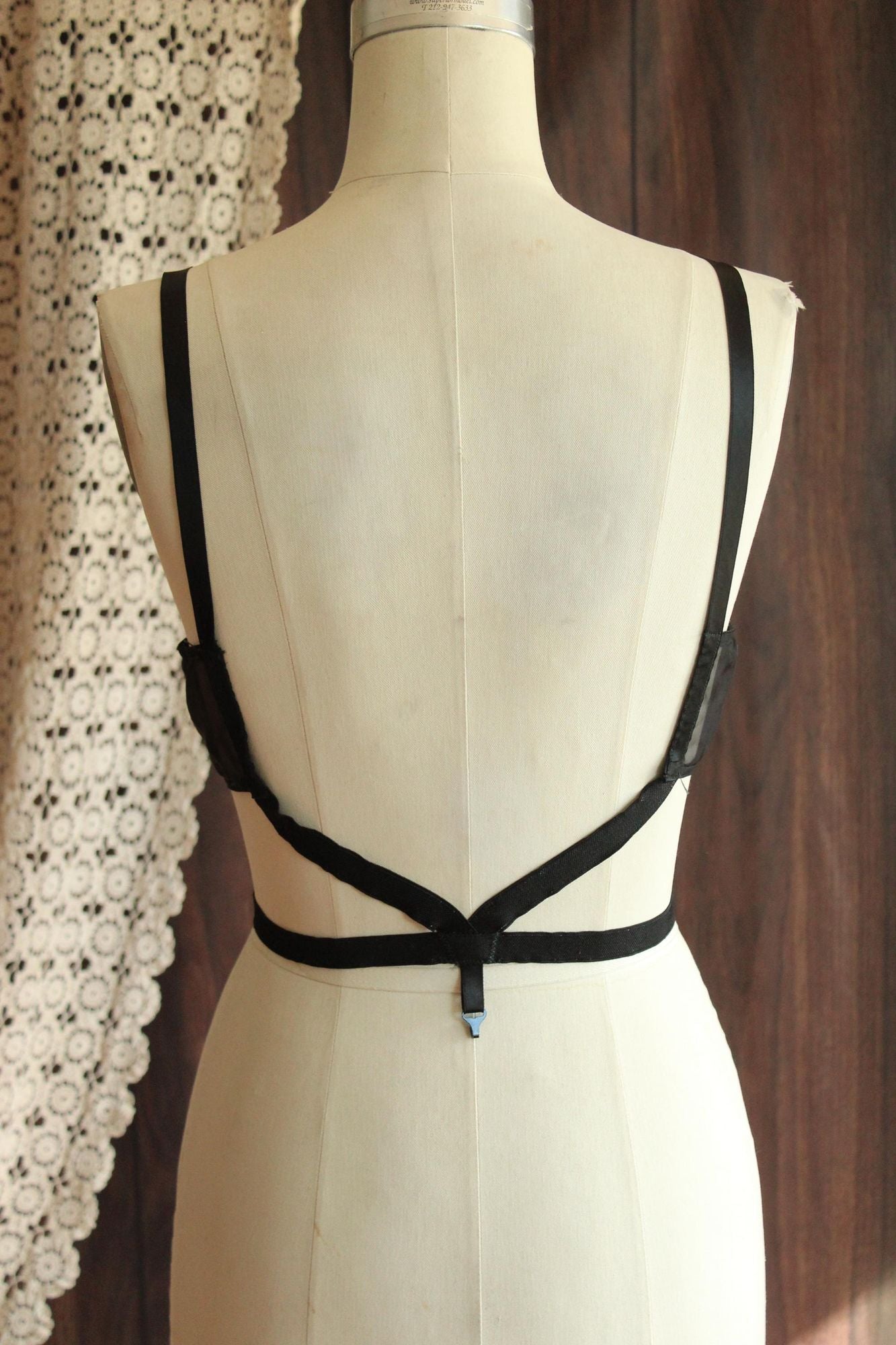 Vintage 1950s Gossard Sta Lo Black Lace Bar, 34B Deep V back with Girdle Hook