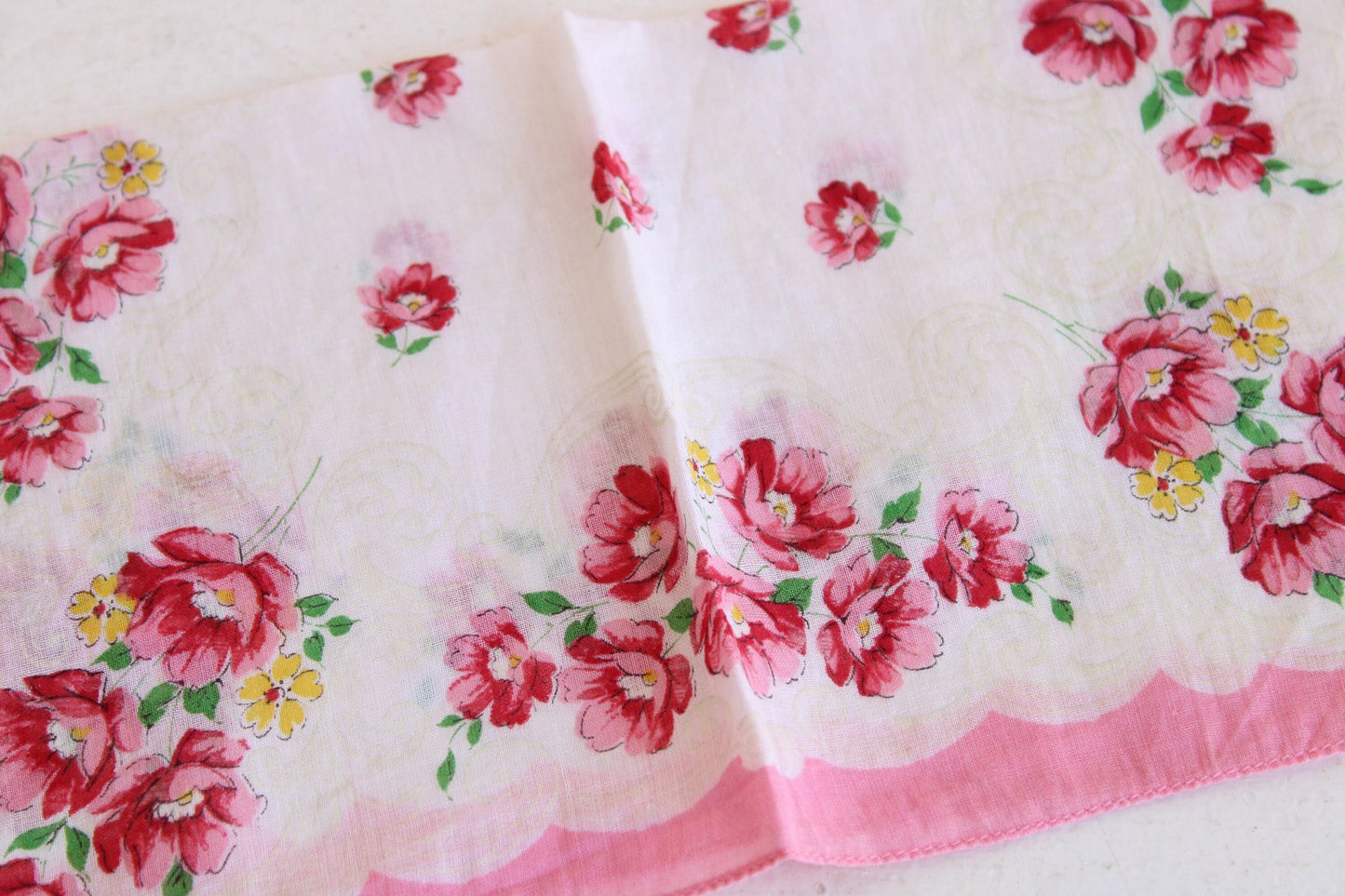 Vintage Pink and White Flower Print Cotton Handkerchief