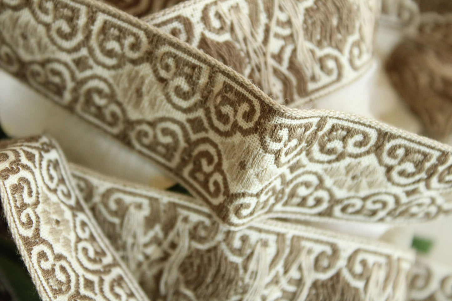Vintage Jacquard Ribbon Trim, Tan And Ivory, 49" Long PIece, 1.25 Inch Wide