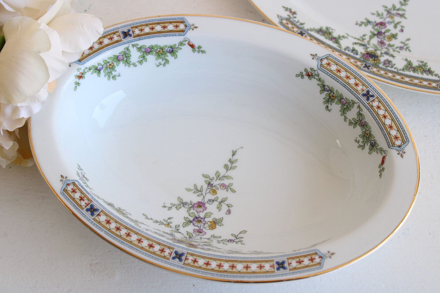Vintage 1940s Serving Bowl and Plate, 10" and 12" Oval Heinrich & Co Selb Bavaria China Floral Pattern