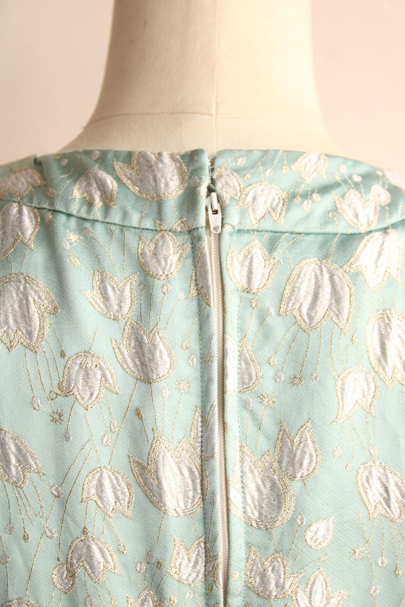 Vintage 1960s Blue Silk Damask Tulip Pattern Dress
