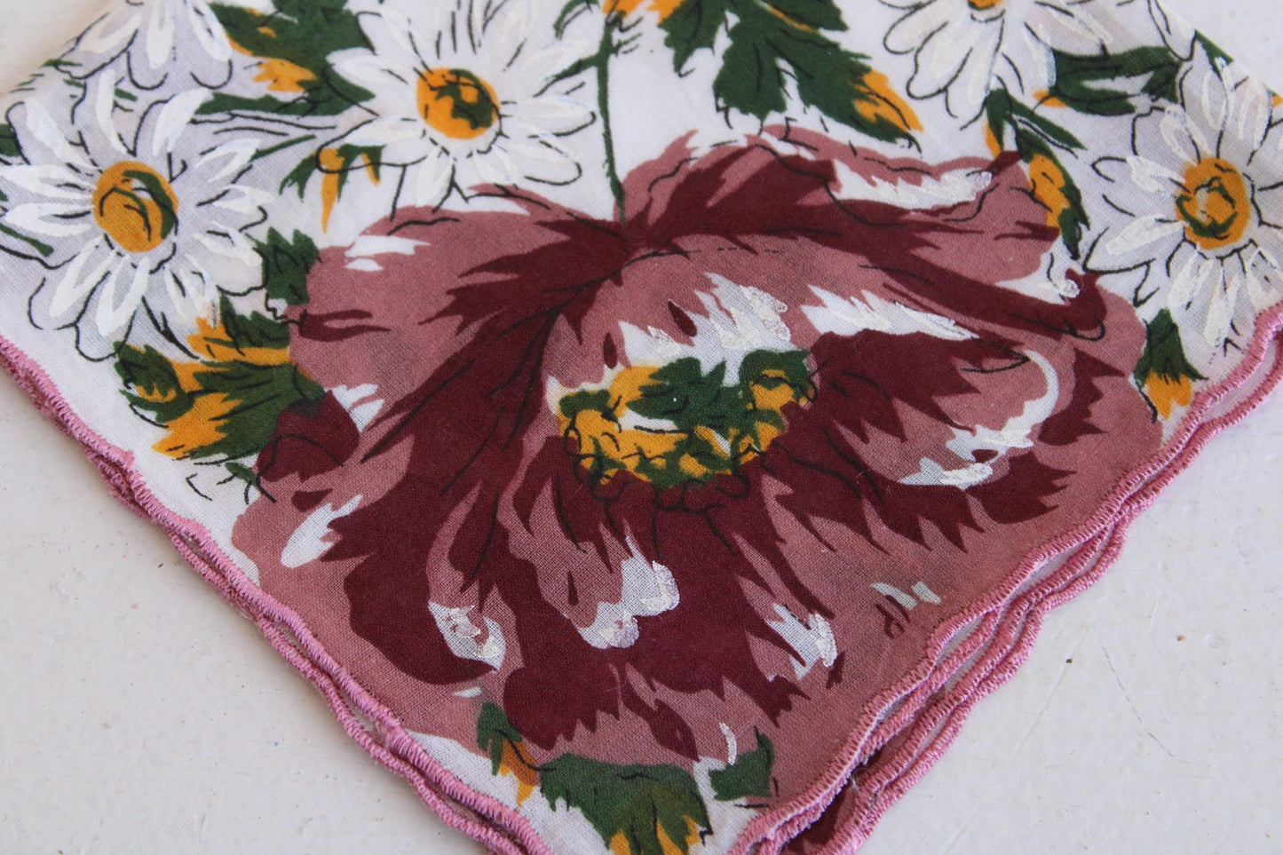 Vintage Brown, Yellow and White Flower Print Cotton Hanky