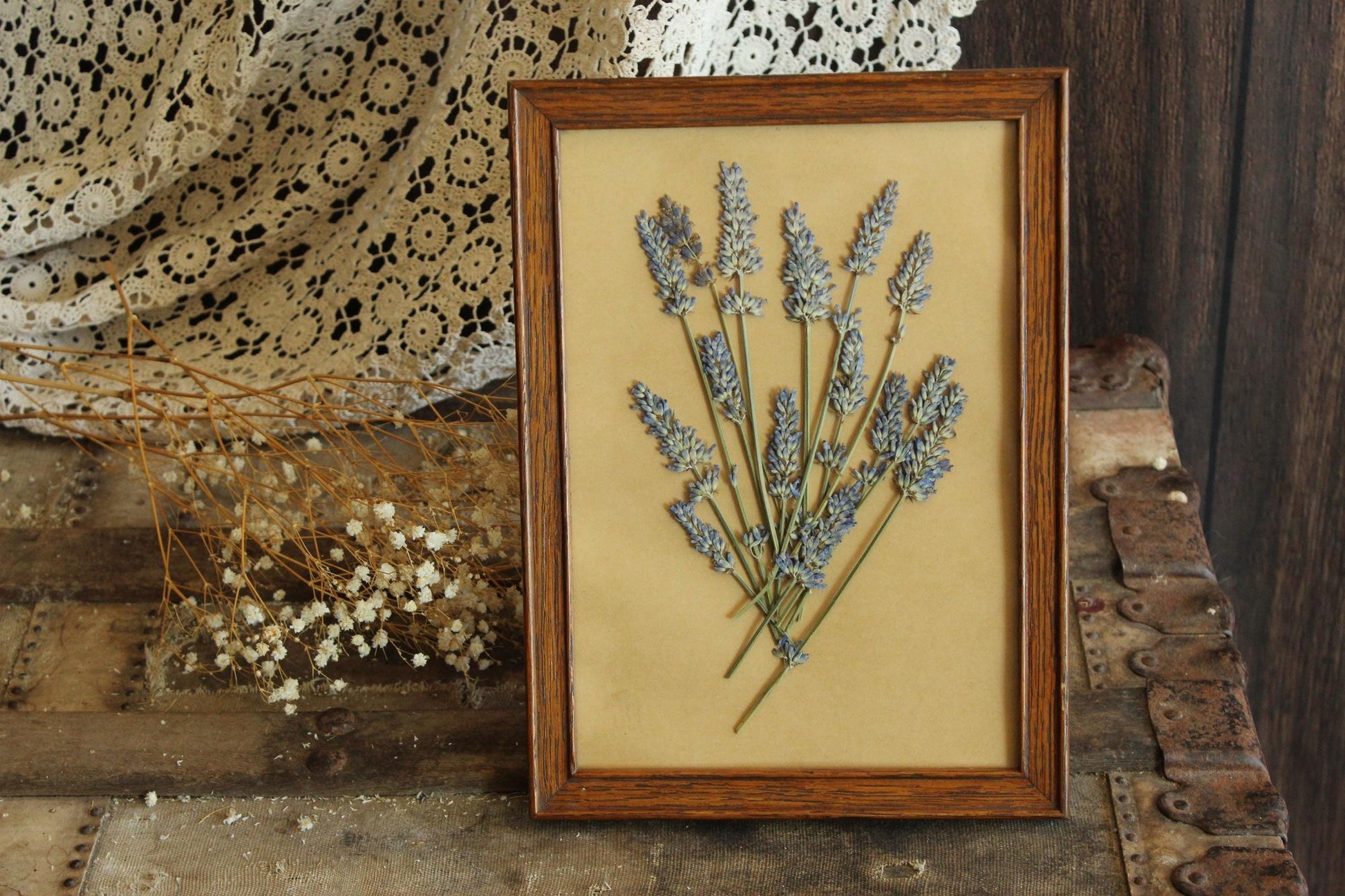 Handmade Framed Pressed Dried Lavender in A Vintage Wood Frame