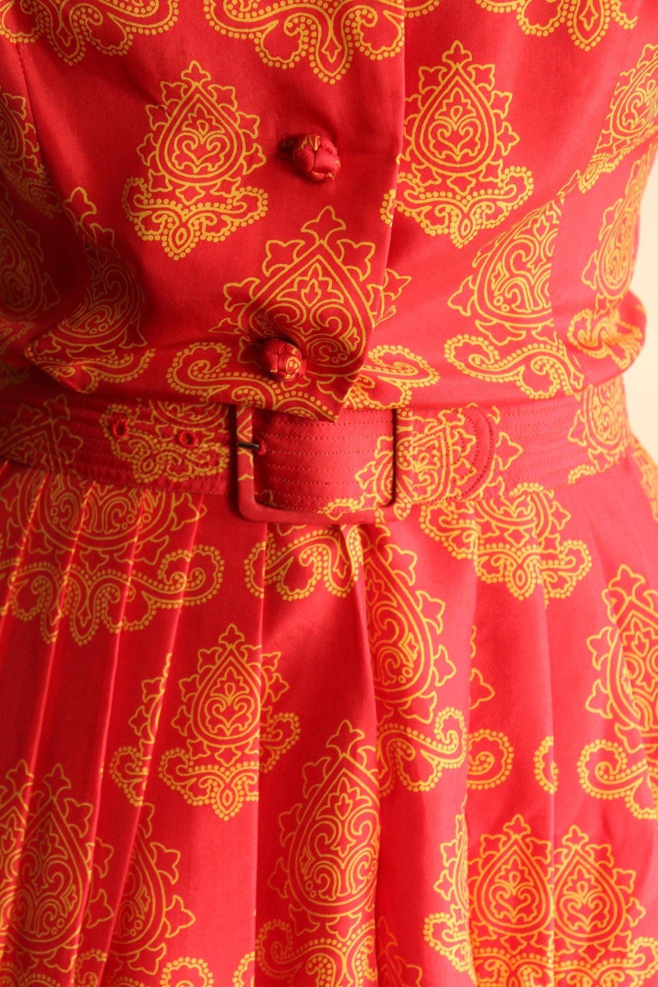 Vintage 1950s 1960s Dynasty Silk Red and Gold Sundress with Belt