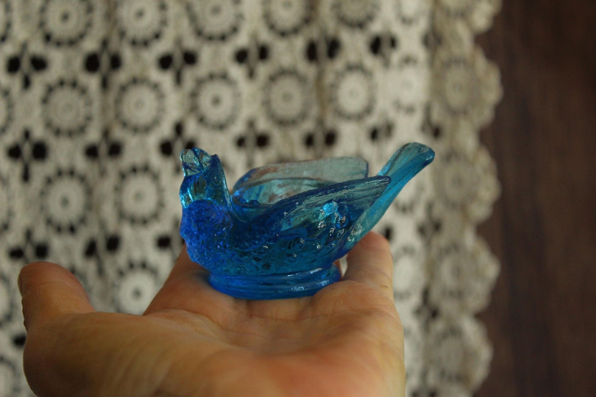 Vintage 1960s Kanawha Bermuda Blue Glass Bird Salt Cellar