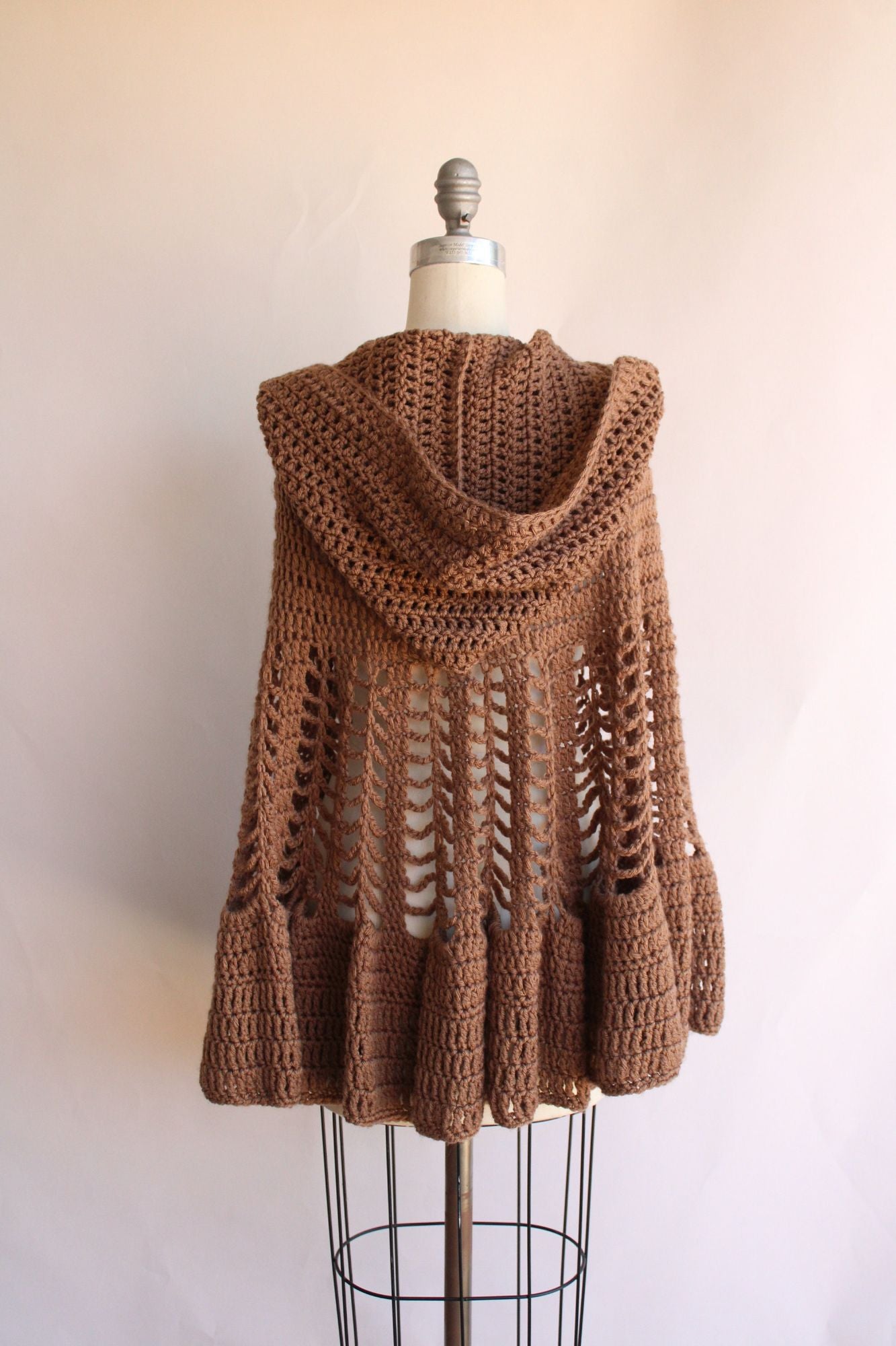 Vintage 1960s 1970s Poncho with Hood in a Brown Knit with Drawstring Tie