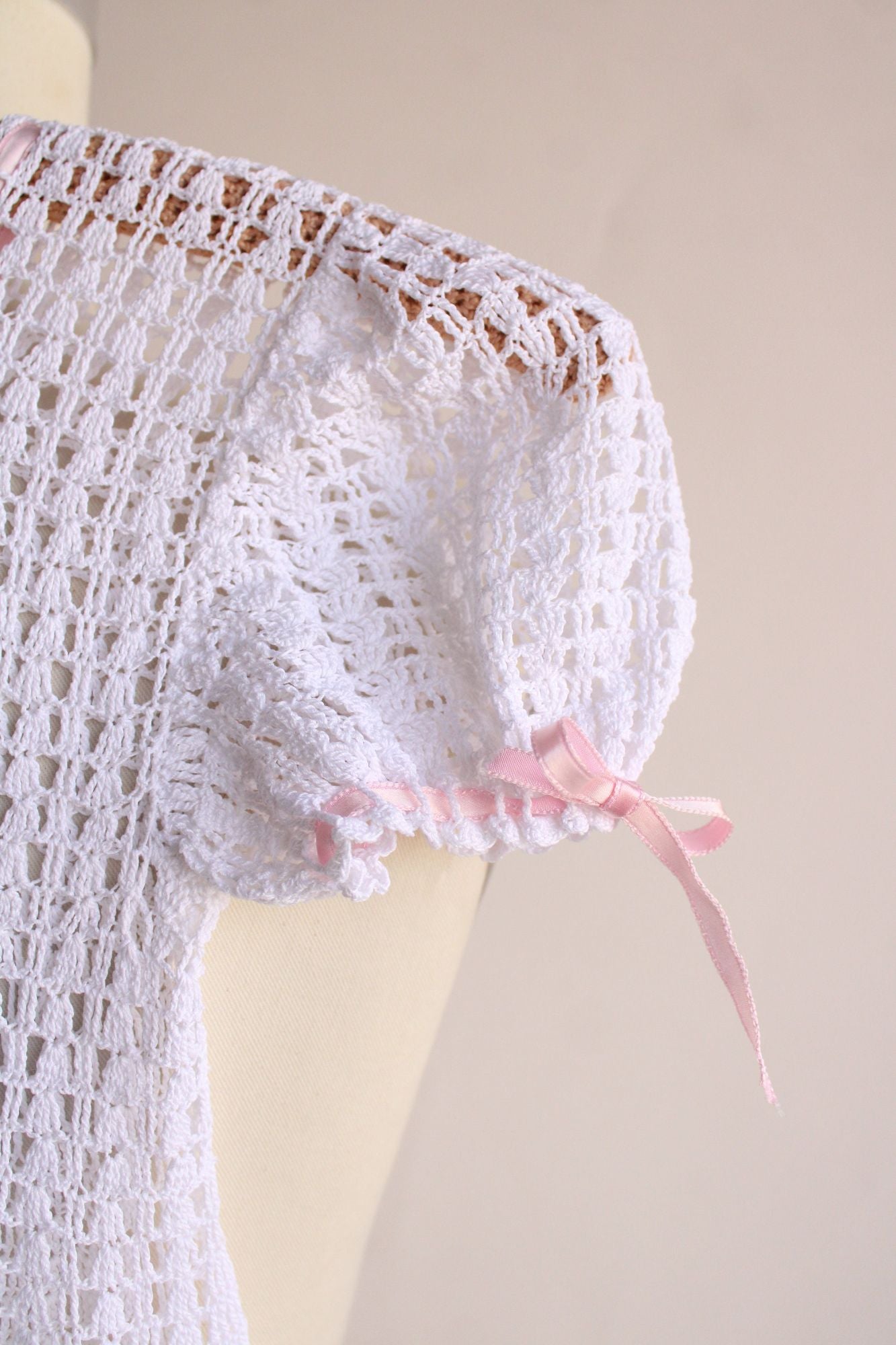 Vintage Baby Dress, White Crochet with Pink Ribbon Trim