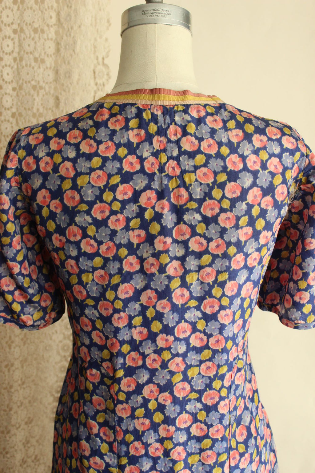 Vintage Antique 1920s Silk Blue and Pink Floral Print Day Dress
