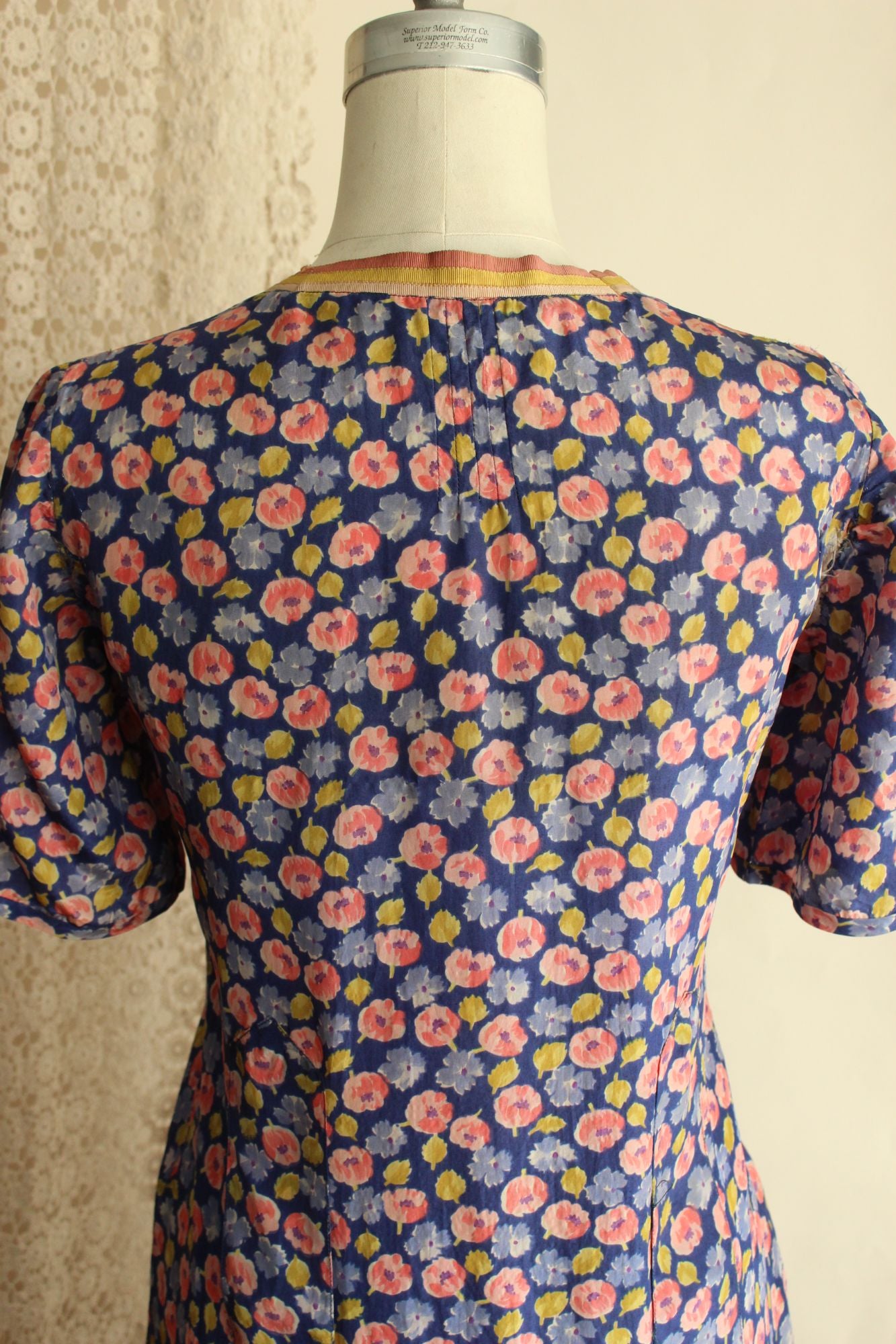 Vintage Antique 1920s Silk Blue and Pink Floral Print Day Dress