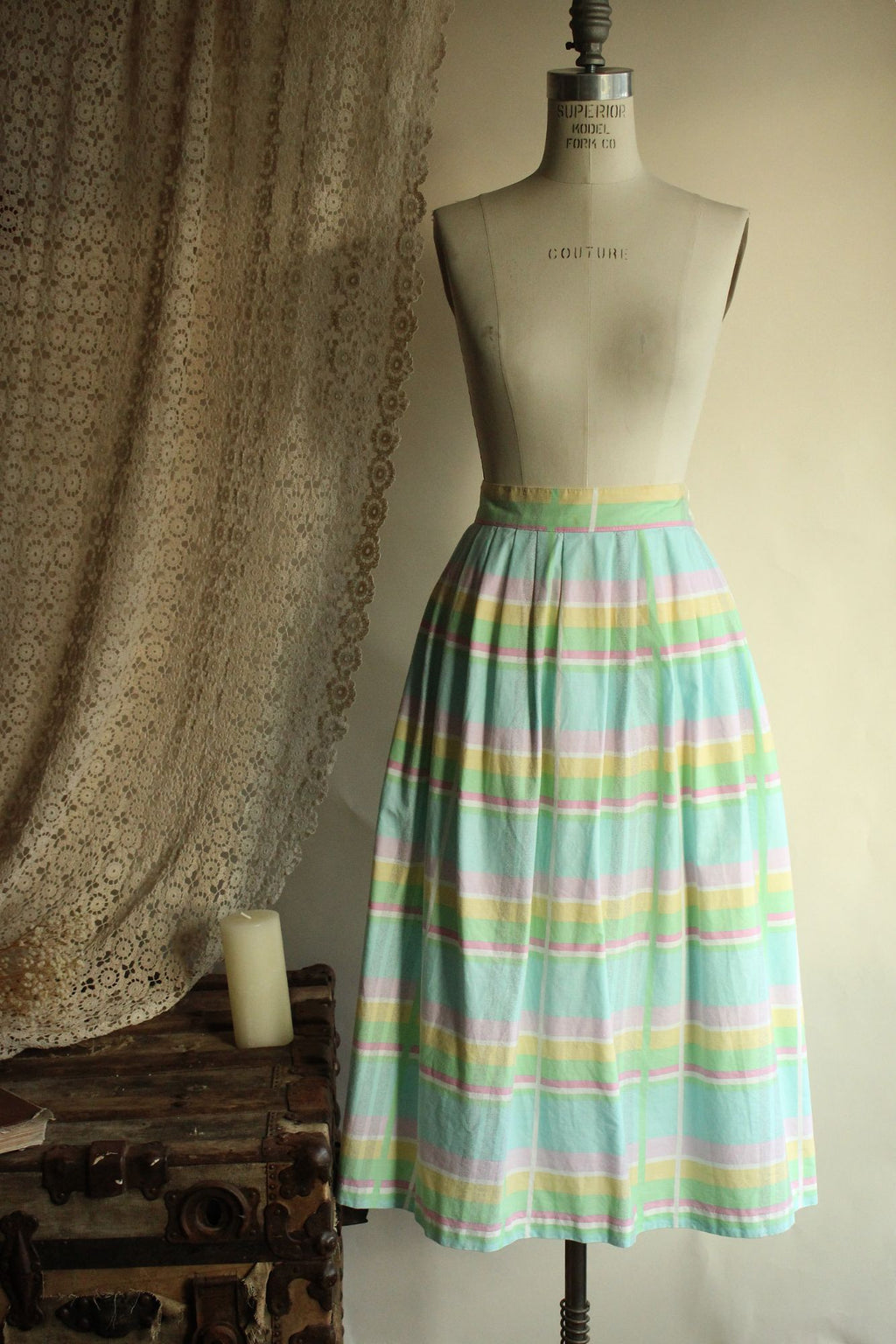 Vintage 1980s Pastel Windowpane Check Skirt With Pockets