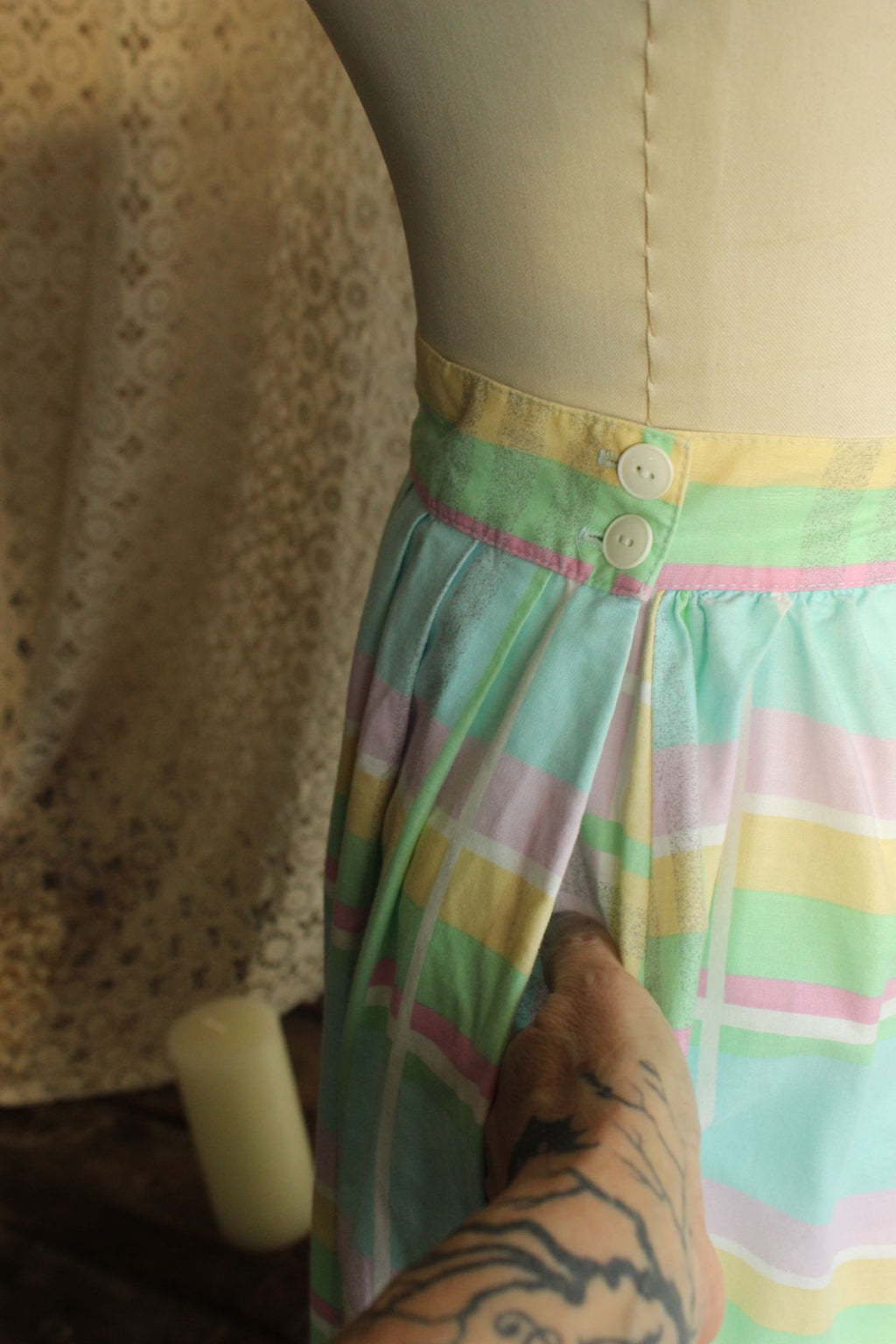 Vintage 1980s Pastel Windowpane Check Skirt With Pockets