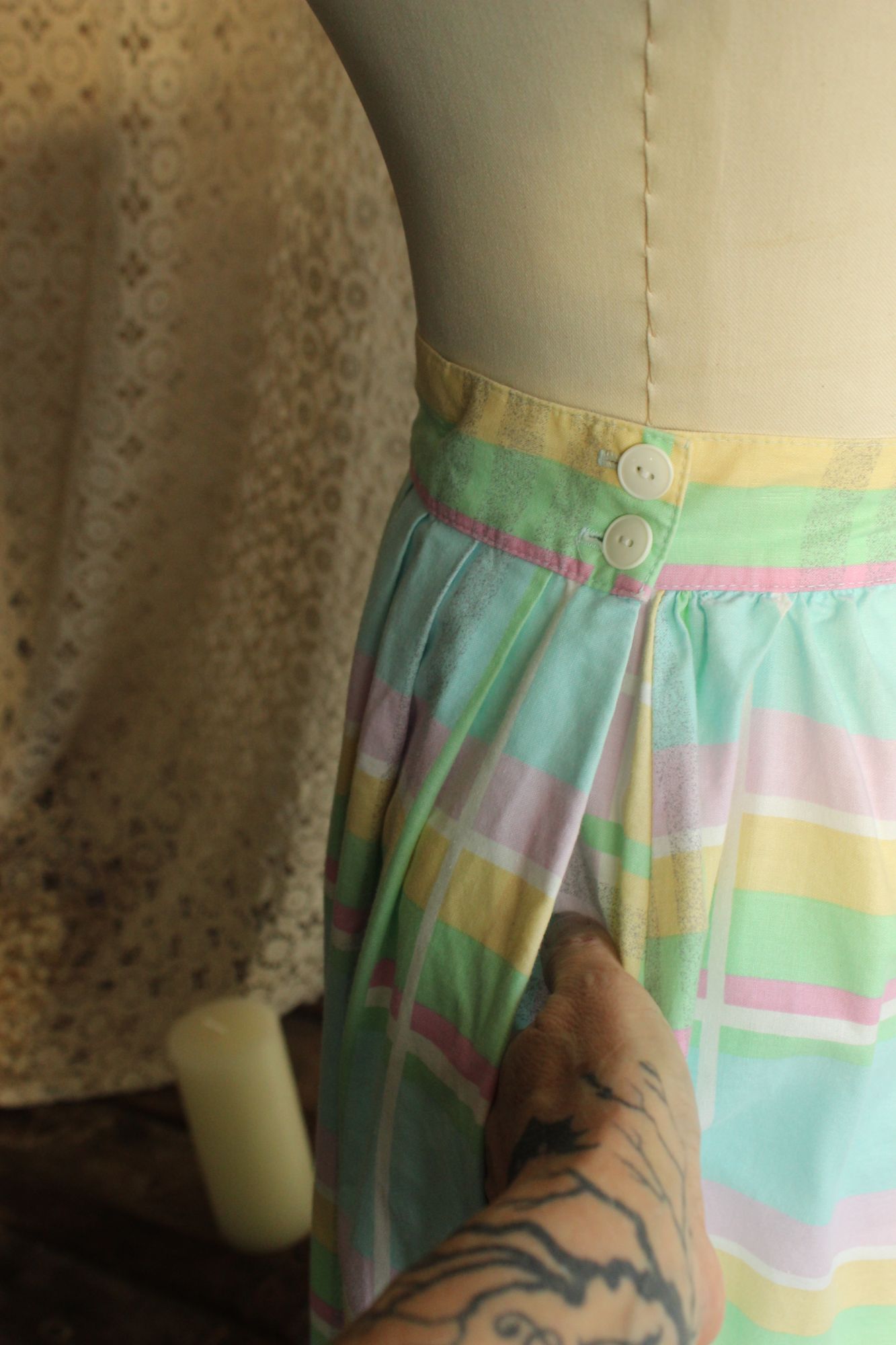 Vintage 1980s Pastel Windowpane Check Skirt With Pockets