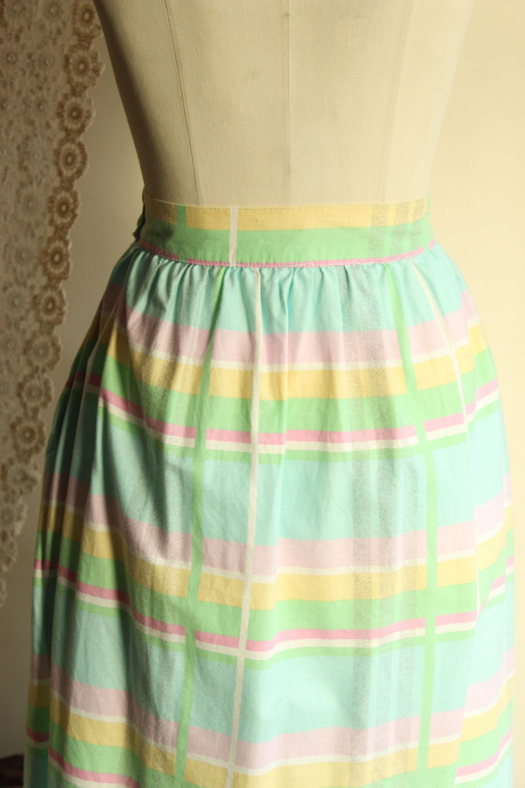 Vintage 1980s Pastel Windowpane Check Skirt With Pockets