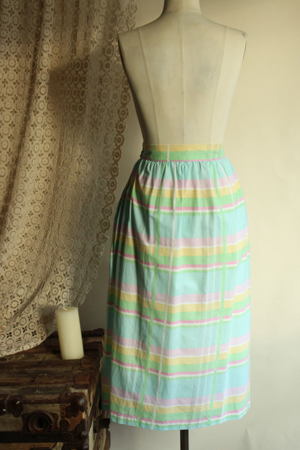 Vintage 1980s Pastel Windowpane Check Skirt With Pockets