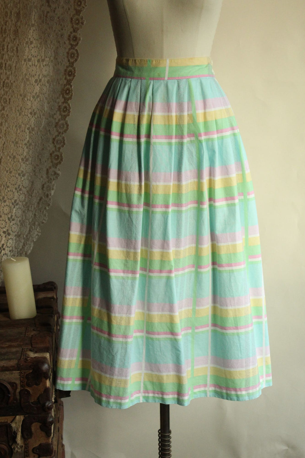 Vintage 1980s Pastel Windowpane Check Skirt With Pockets