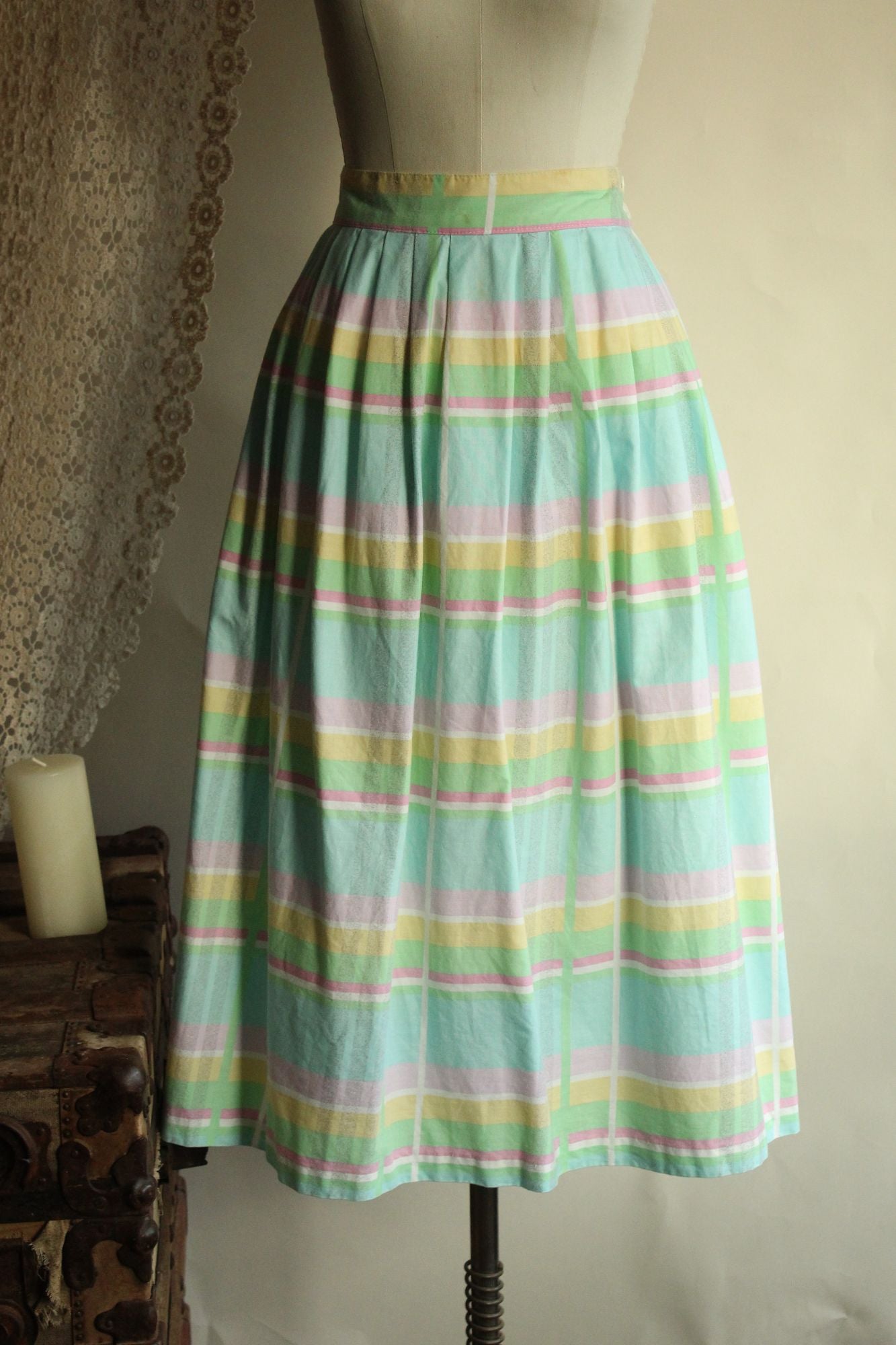 Vintage 1980s Pastel Windowpane Check Skirt With Pockets