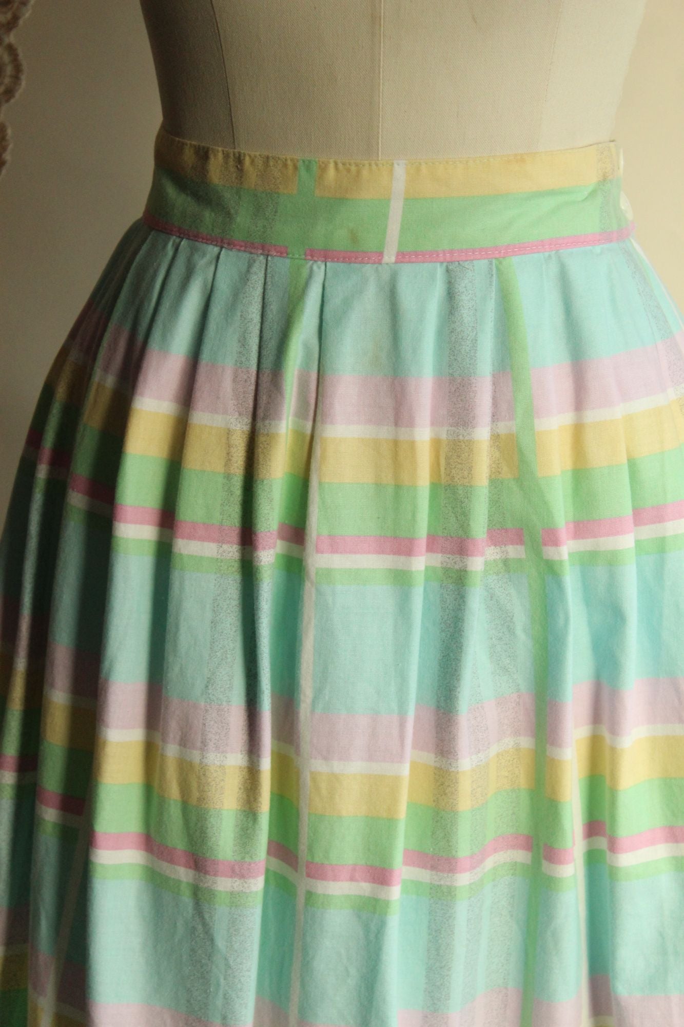 Vintage 1980s Pastel Windowpane Check Skirt With Pockets