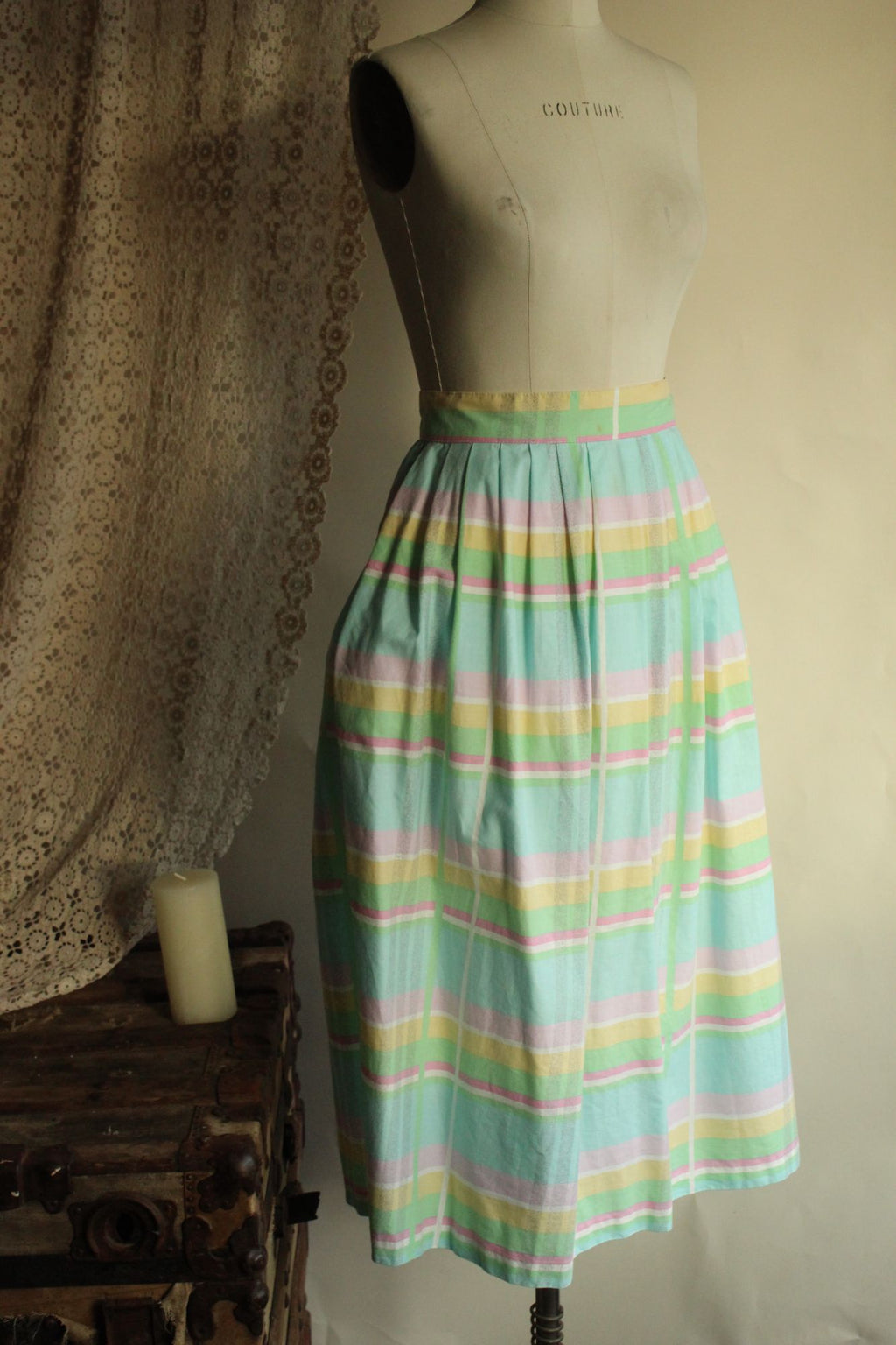 Vintage 1980s Pastel Windowpane Check Skirt With Pockets