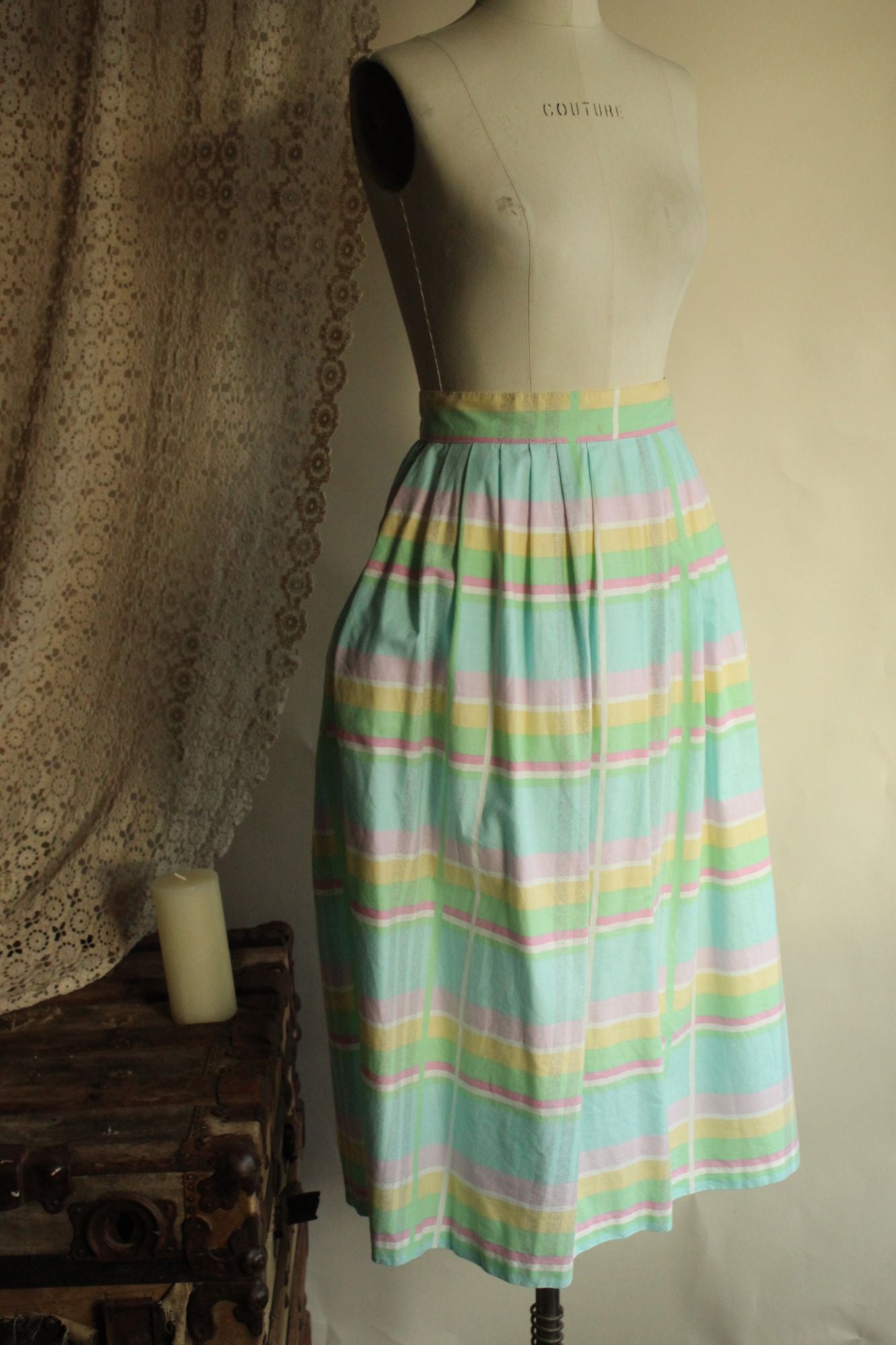 Vintage 1980s Pastel Windowpane Check Skirt With Pockets