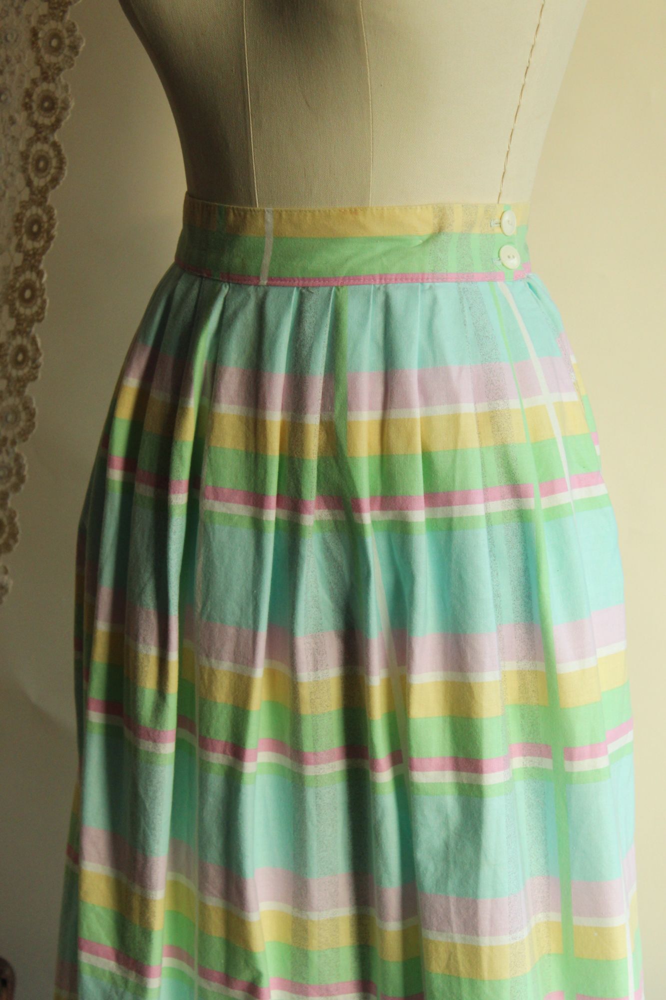 Vintage 1980s Pastel Windowpane Check Skirt With Pockets