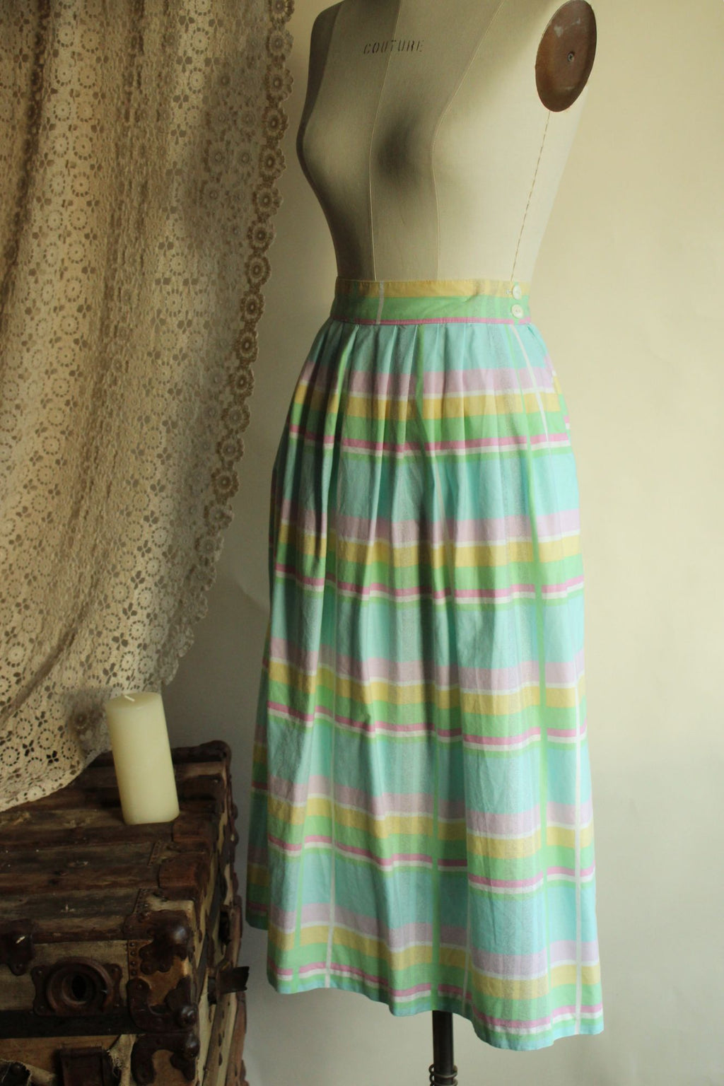 Vintage 1980s Pastel Windowpane Check Skirt With Pockets