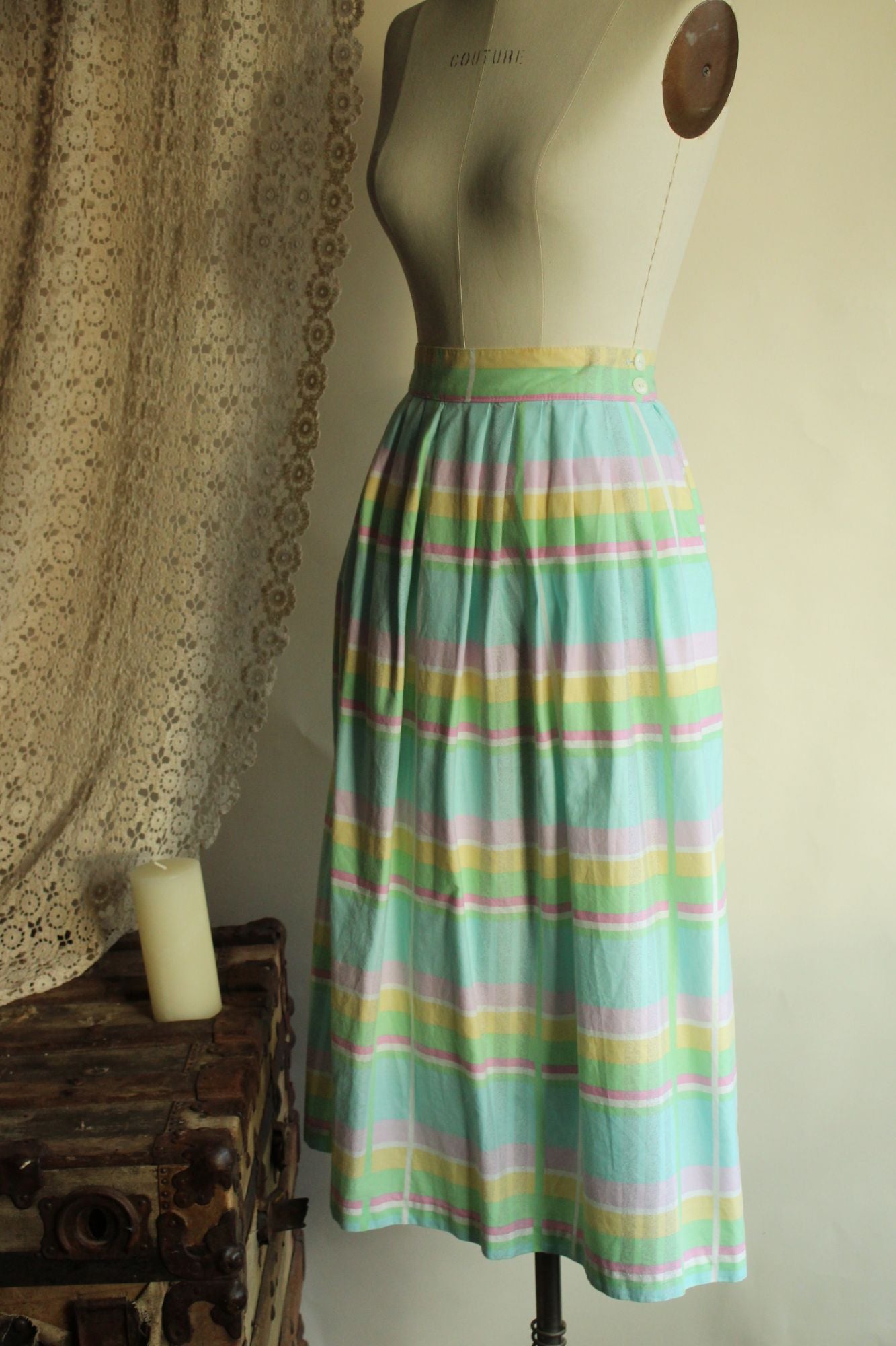 Vintage 1980s Pastel Windowpane Check Skirt With Pockets
