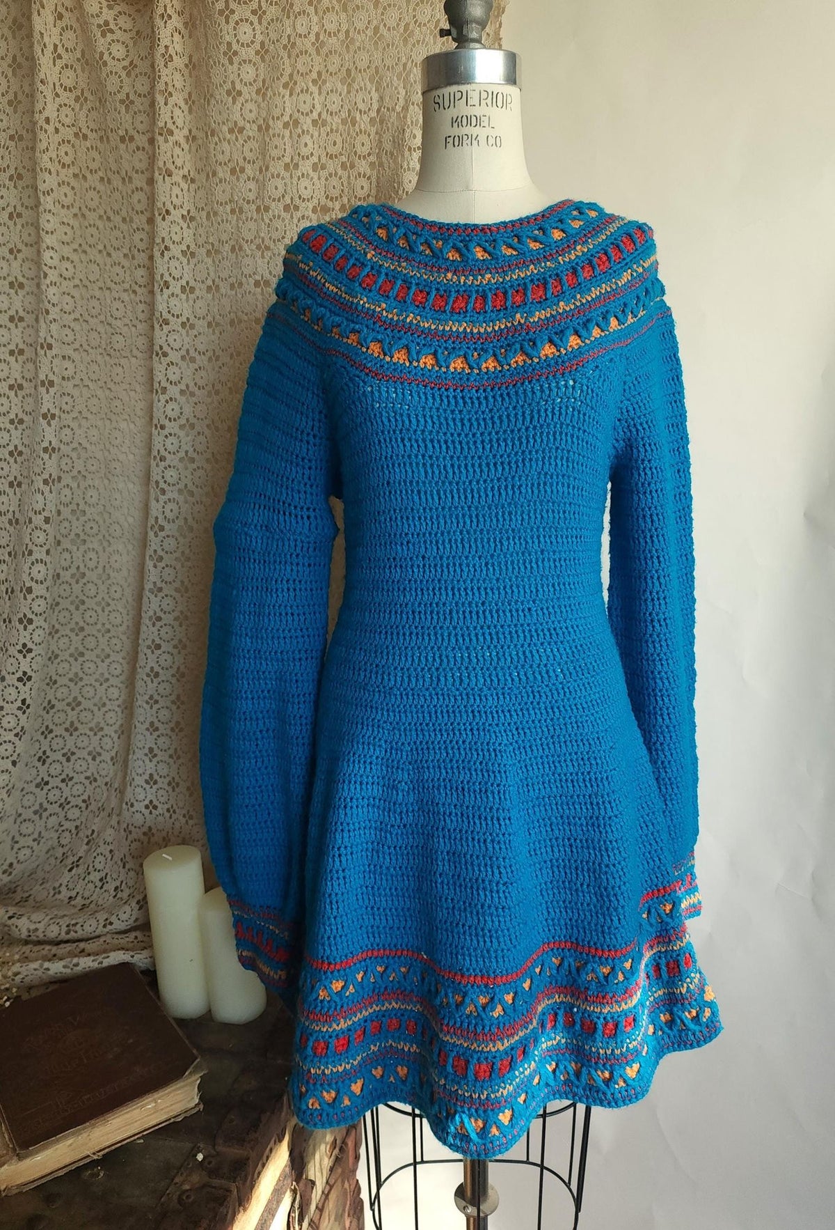 Vintage 1970s Sweater Dress in Blue Wool Crochet Knit