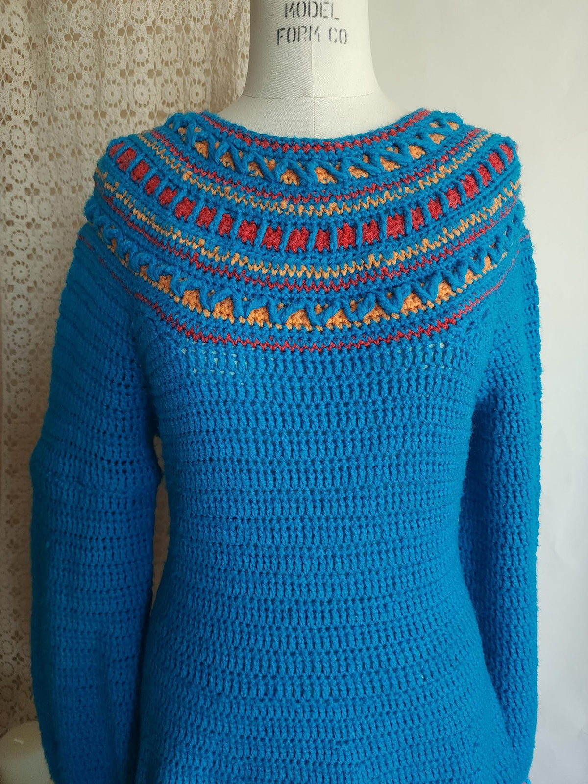 Vintage 1970s Sweater Dress in Blue Wool Crochet Knit