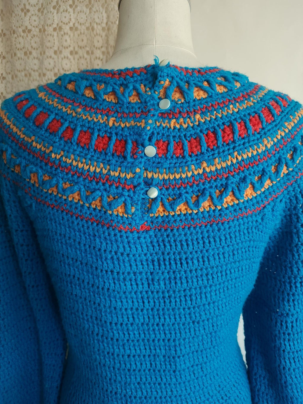 Vintage 1970s Sweater Dress in Blue Wool Crochet Knit