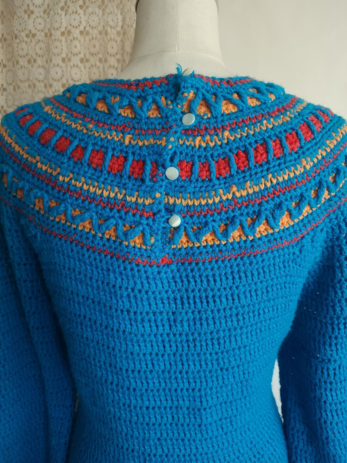 Vintage 1970s Sweater Dress in Blue Wool Crochet Knit