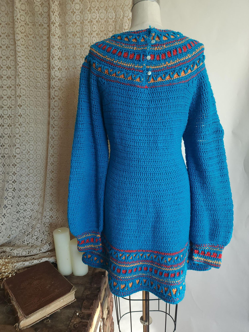 Vintage 1970s Sweater Dress in Blue Wool Crochet Knit