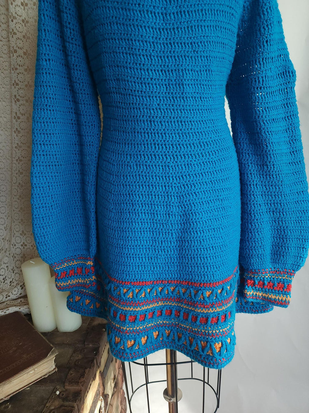 Vintage 1970s Sweater Dress in Blue Wool Crochet Knit