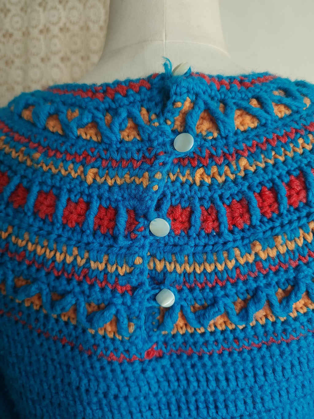 Vintage 1970s Sweater Dress in Blue Wool Crochet Knit