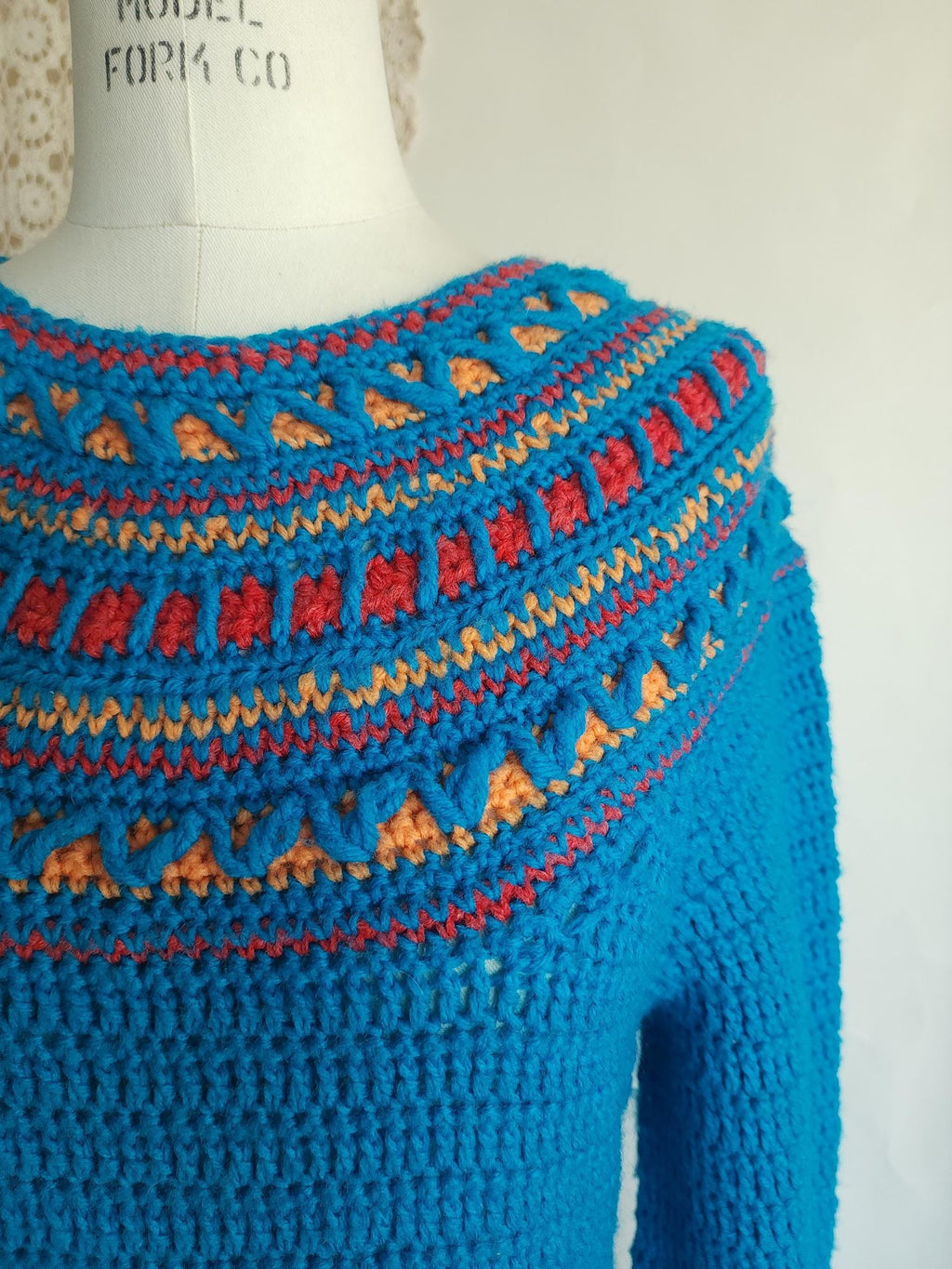 Vintage 1970s Sweater Dress in Blue Wool Crochet Knit